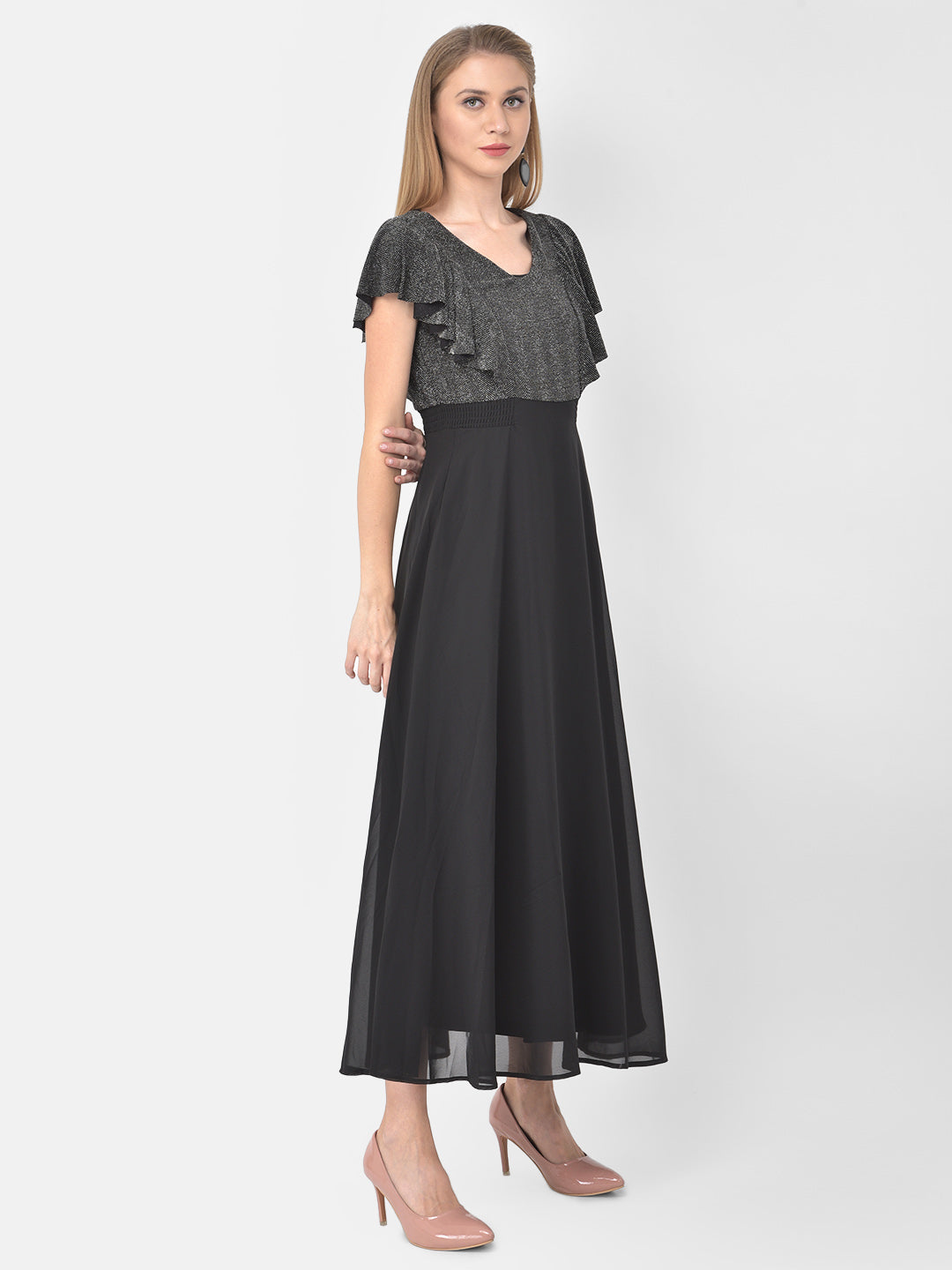 Black Cap Sleeve Maxi Solid Dress