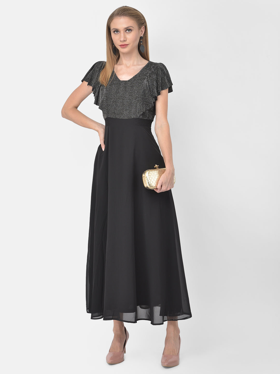 Black Cap Sleeve Maxi Solid Dress