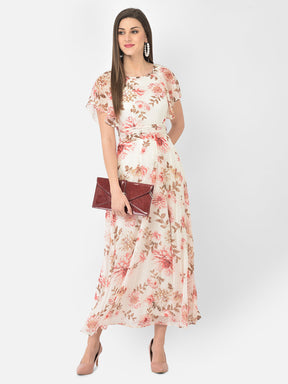 Red Cap Sleeve Maxi Dress With Pleated