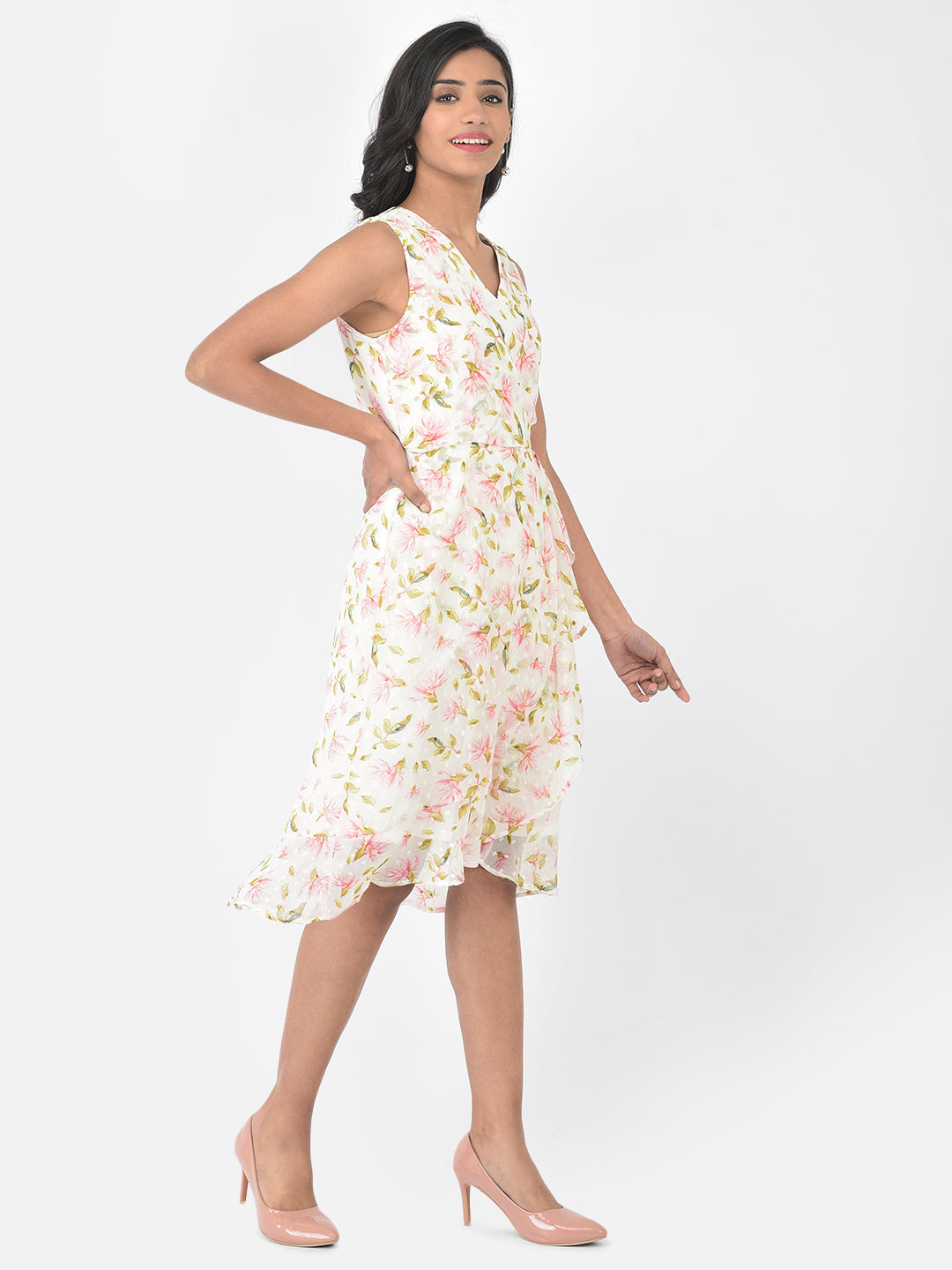 Ivory Sleeveless A-Line Swiss Dot Dress