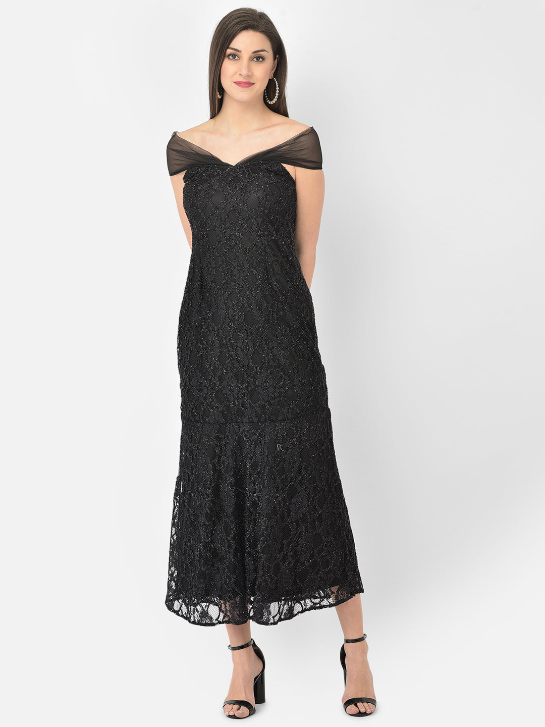 Black Cap Sleeve Lace Maxi Dress