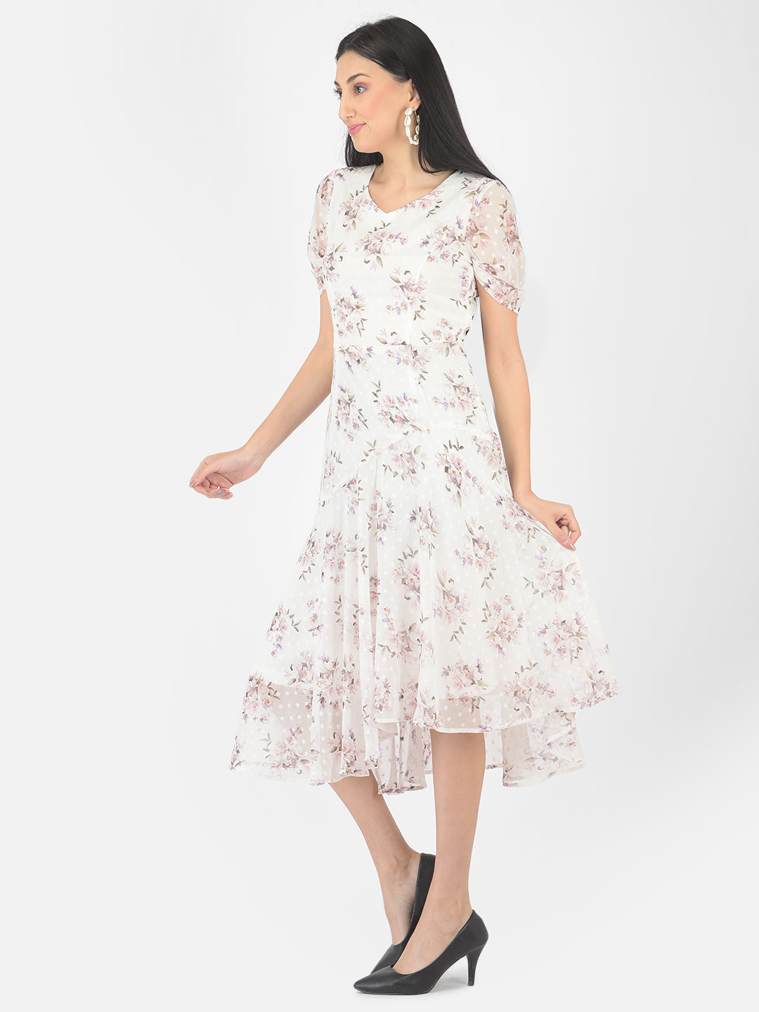 Ivory Half Sleeve A-Line Floral Dress