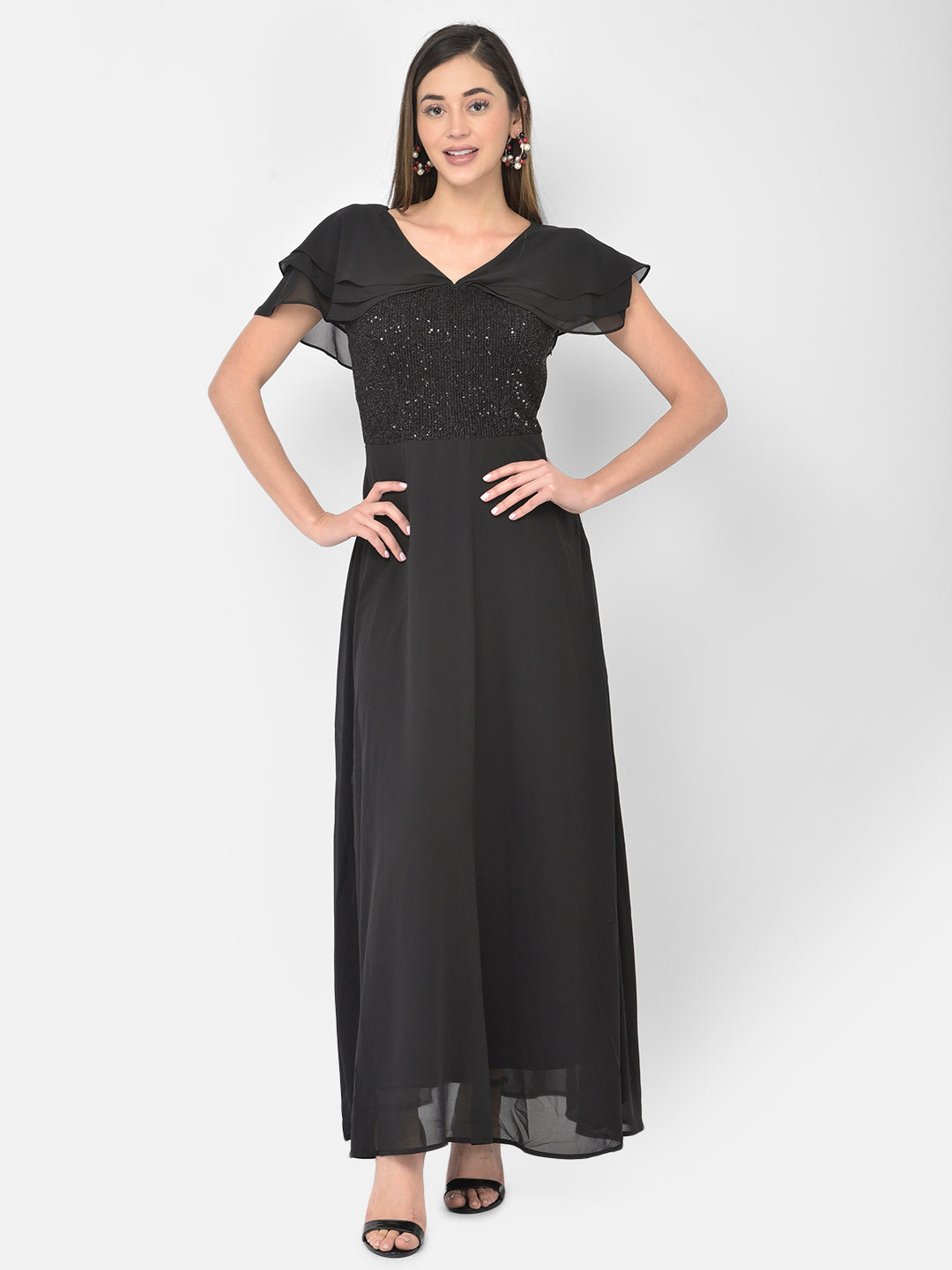 Black Half Sleeve Maxi Dress With Polyester