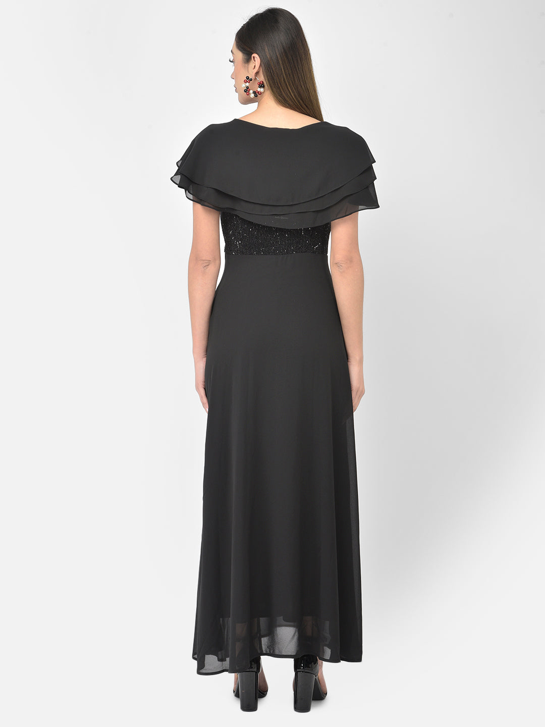 Black Half Sleeve Maxi Dress With Polyester