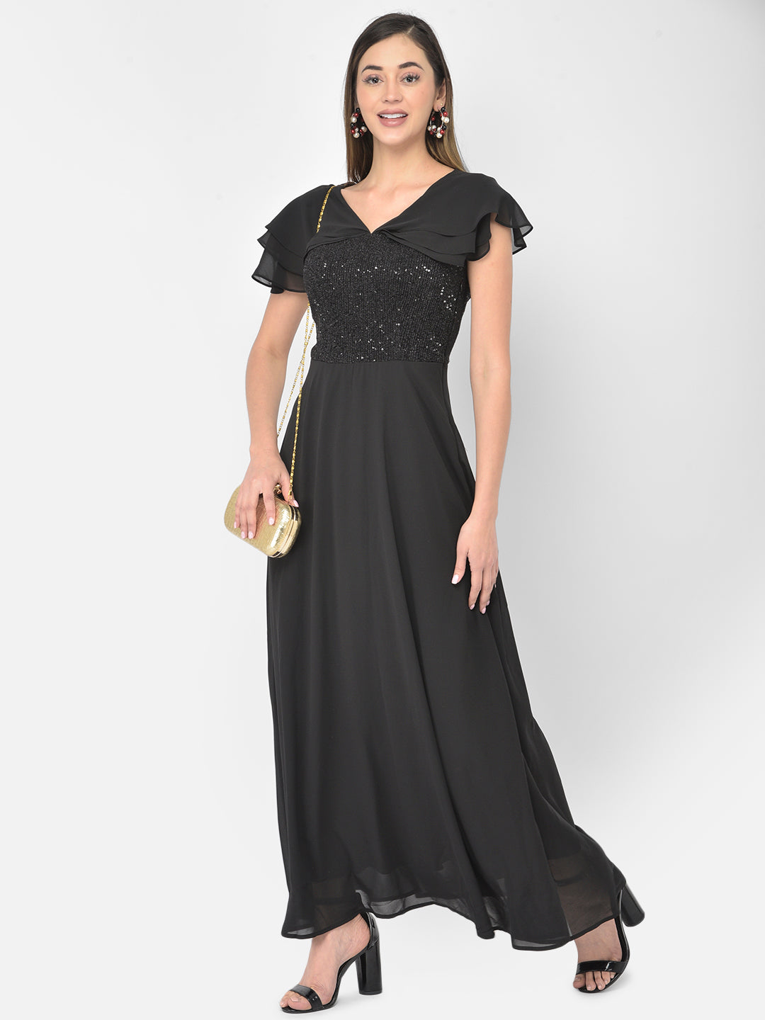 Black Half Sleeve Maxi Dress With Polyester