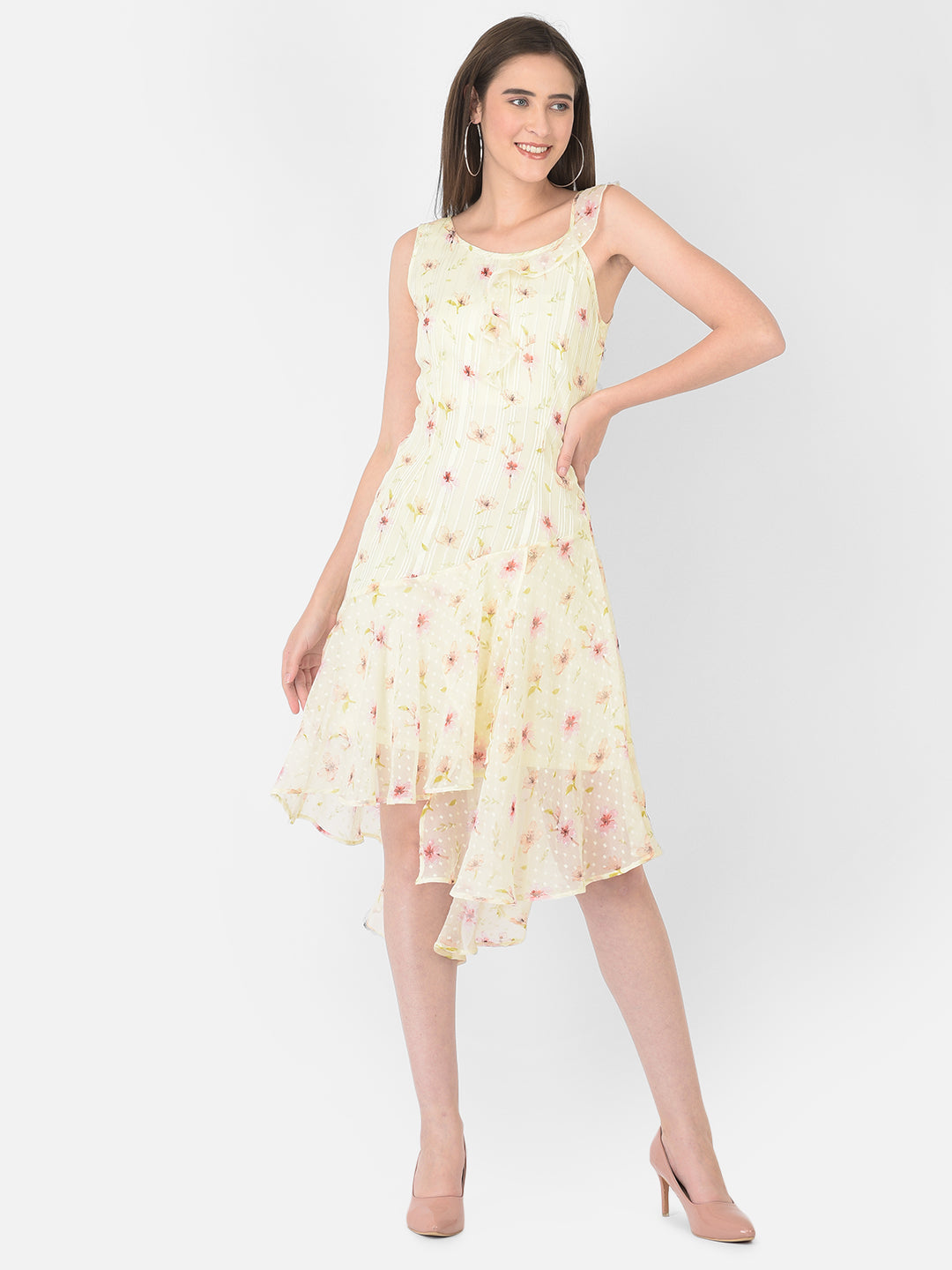 Yellow Sleeveless A-Line Printed Dress