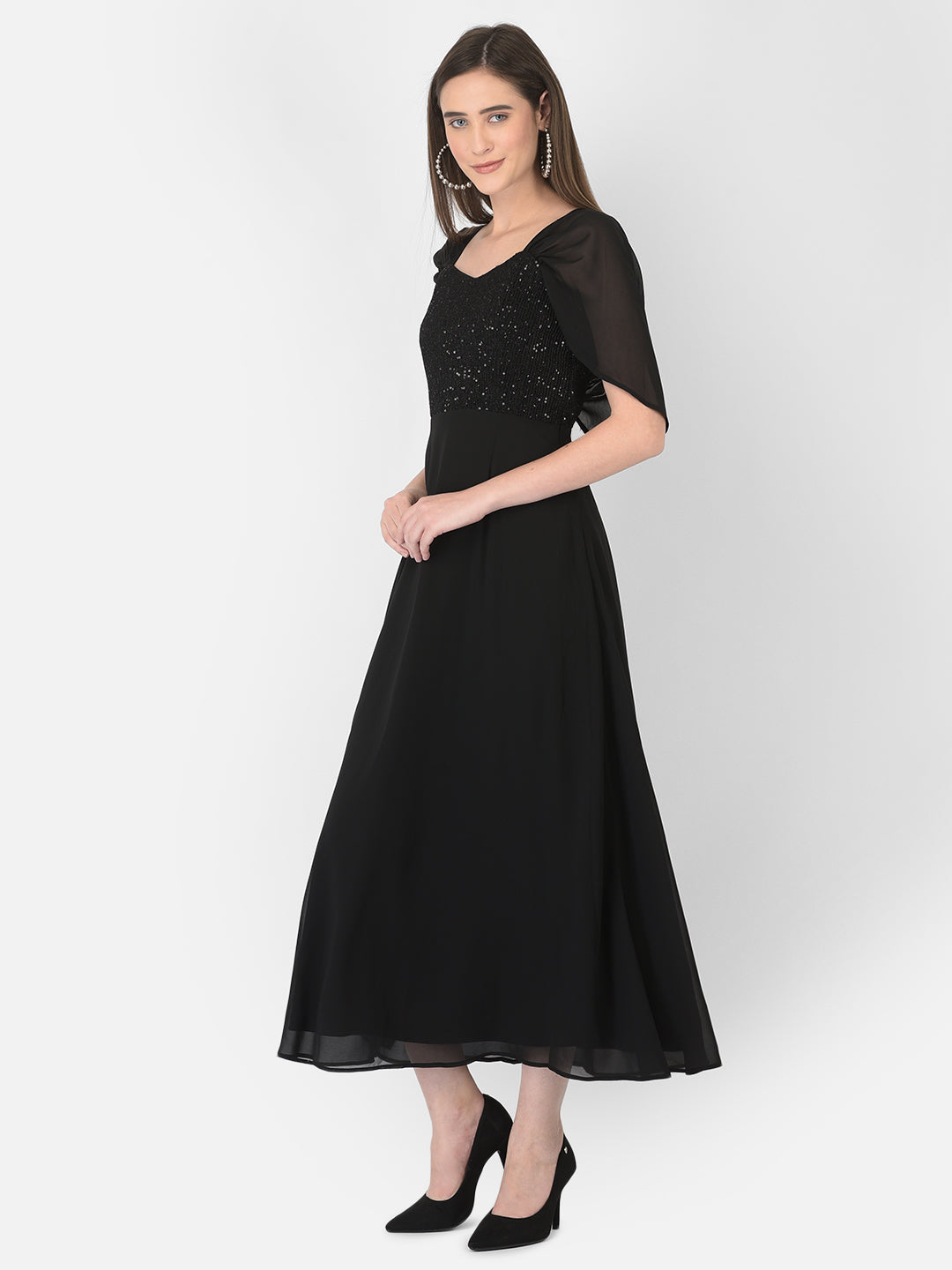Black Half Sleeve Maxi With Solid Dress