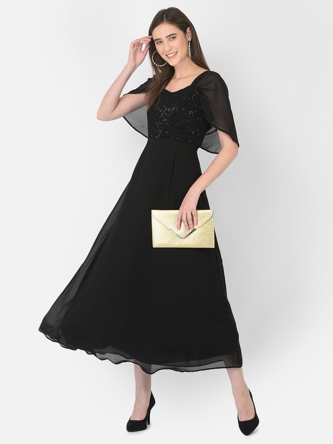 Black Half Sleeve Maxi With Solid Dress