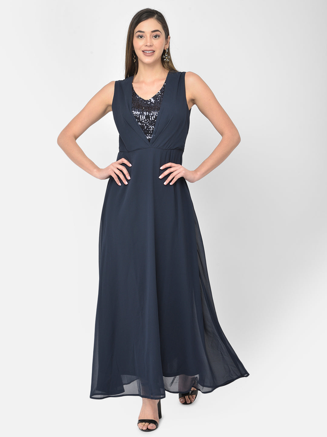 Blue Sleeveless Maxi Polyester Dress