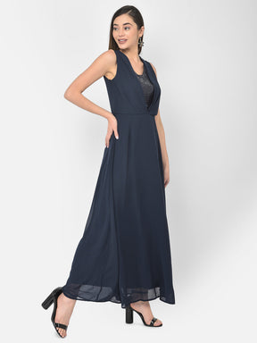 Blue Sleeveless Maxi Polyester Dress
