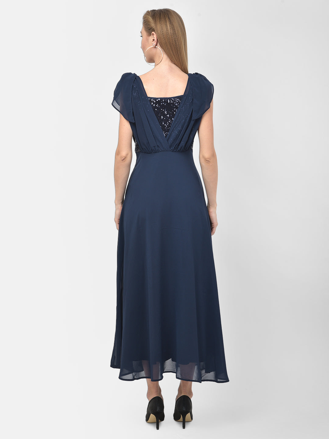 Blue Cap Sleeve Maxi Solid Dress