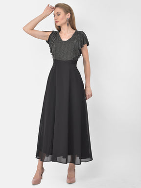 Black Solid Cap Sleeve Maxi Dress