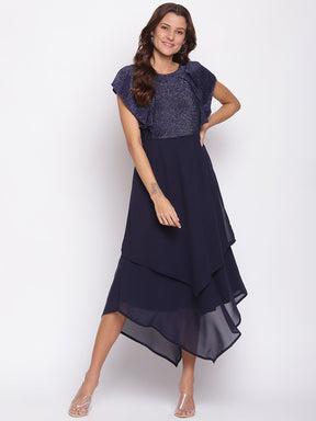 Navy Blue Cap Sleeves Round Neck High Low Dress