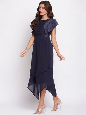 Navy Blue Cap Sleeves Round Neck High Low Dress