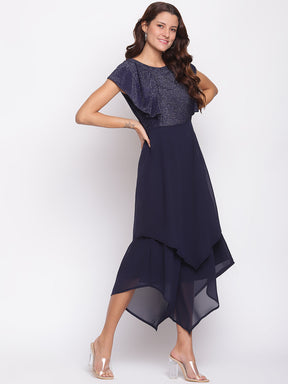 Navy Blue Cap Sleeves Round Neck High Low Dress