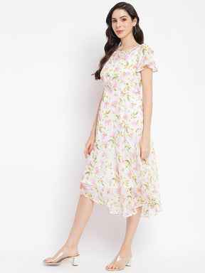 Pink Cap Sleeve High Low Polyester Printed Dress