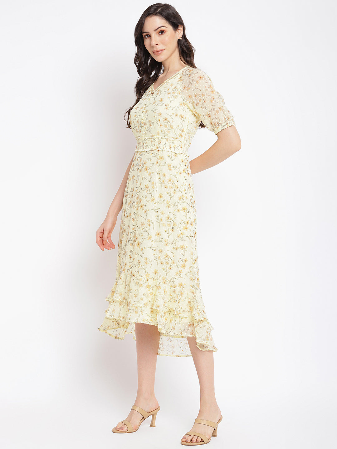 Yellow Half Sleeve Printed Maxi Dress