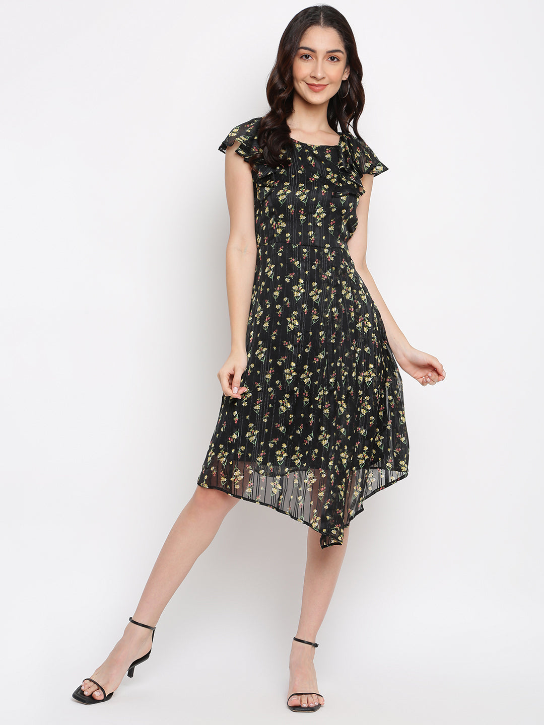 Black Half Sleeve A-Line Floral Dress