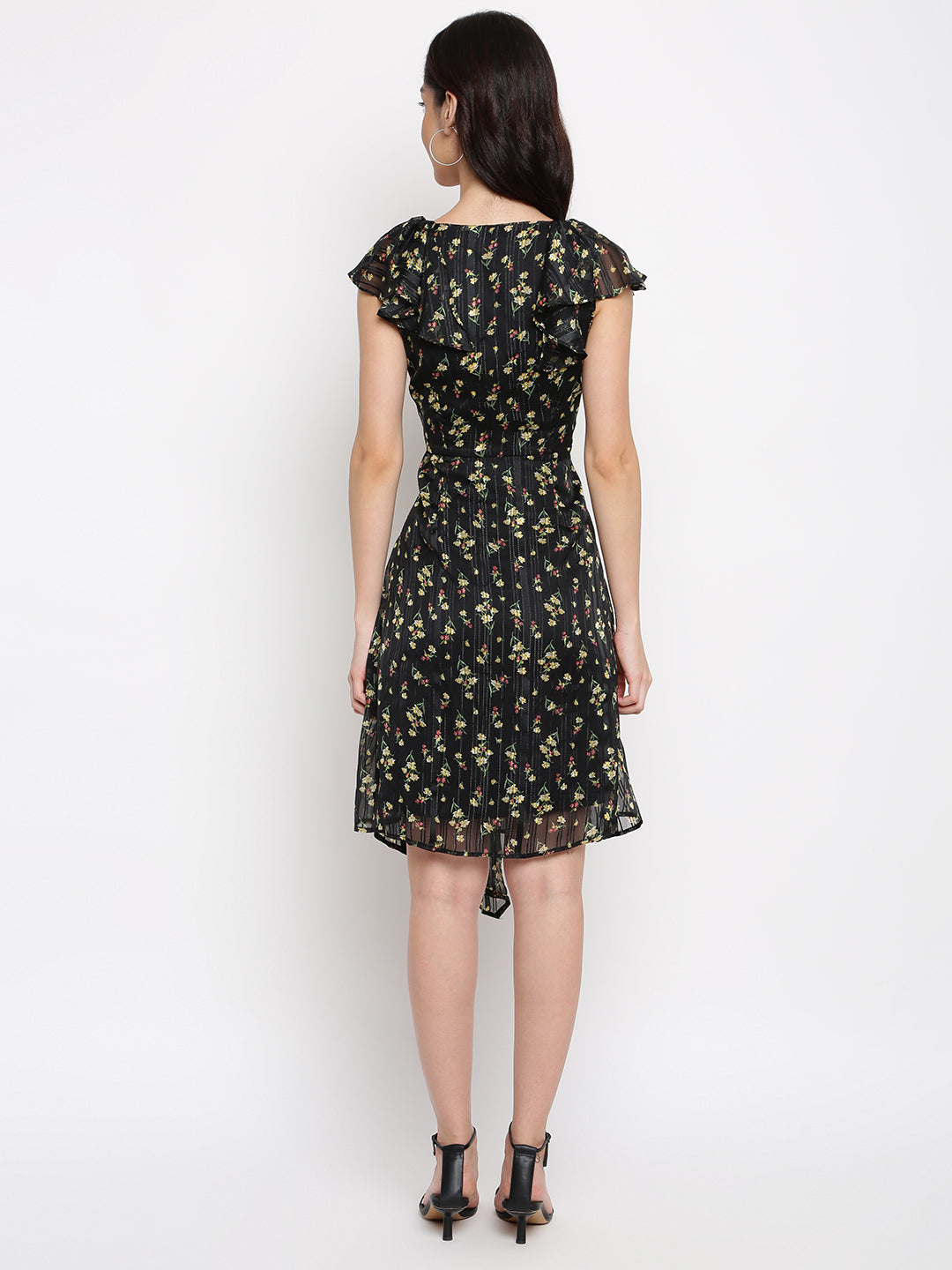 Black Half Sleeve A-Line Floral Dress