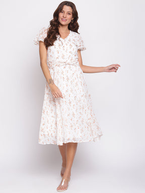 Ivory Cap Sleeves Printed Maxi Dress