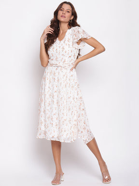 Ivory Cap Sleeves Printed Maxi Dress