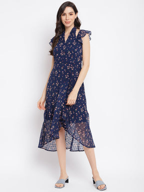 Blue Printed Cap Sleeve A-Line Dress