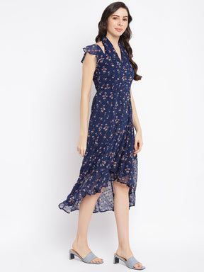 Blue Printed Cap Sleeve A-Line Dress