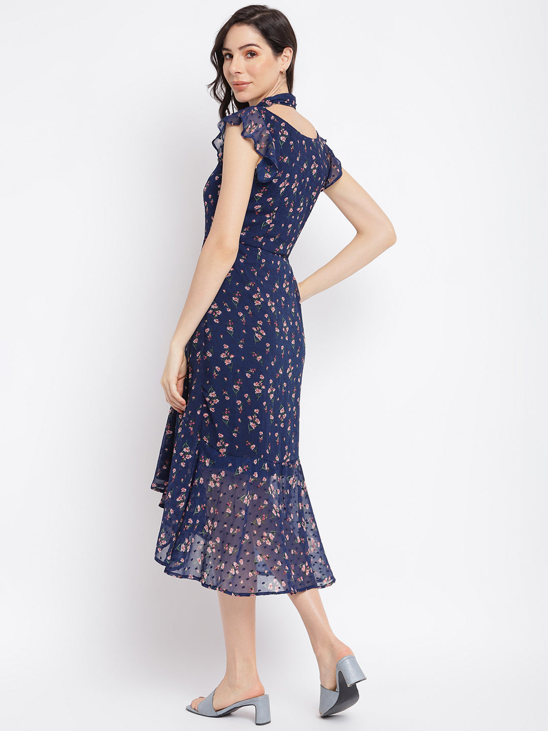 Blue Printed Cap Sleeve A-Line Dress