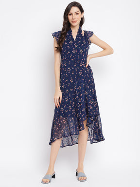 Blue Printed Cap Sleeve A-Line Dress