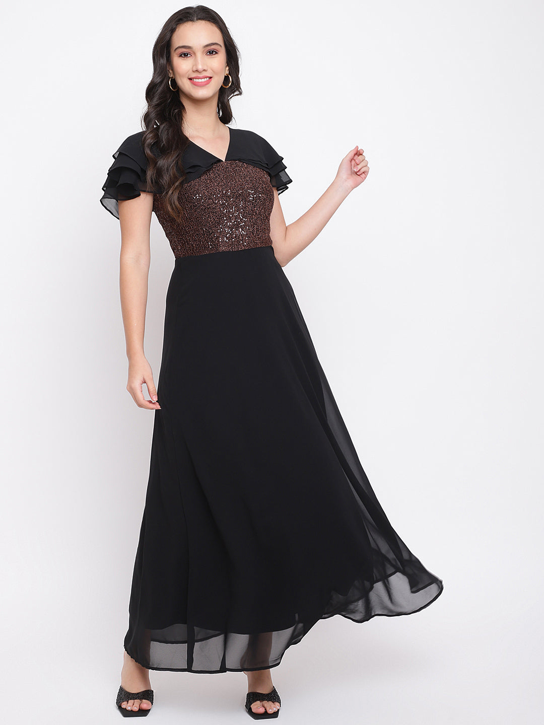 Black Half Sleeve Maxi With Ruffles Dress