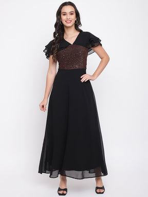 Black Half Sleeve Maxi With Ruffles Dress