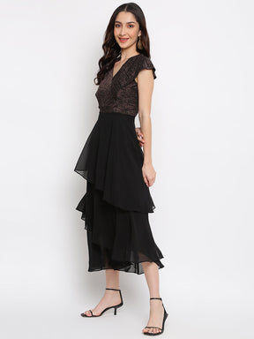 Black Layered Cap Sleeve Maxi Dress