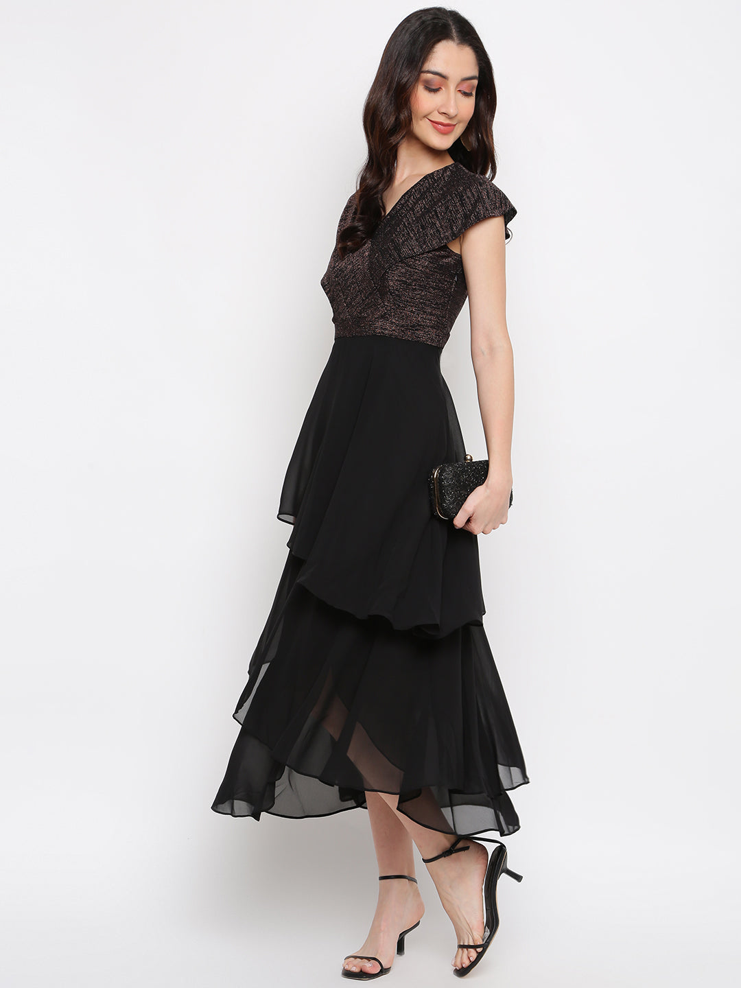 Black Layered Cap Sleeve Maxi Dress