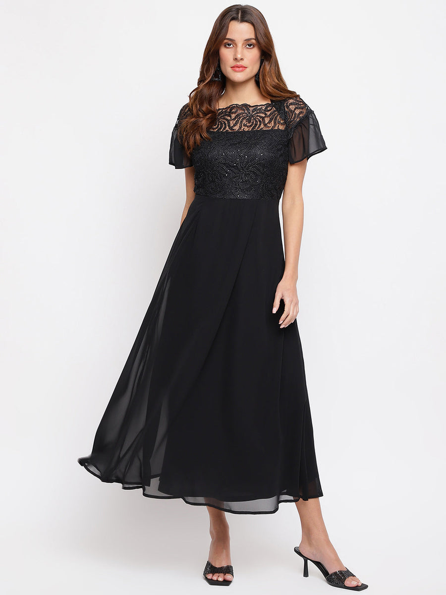 Black Cap Sleeve Embellished Maxi Dress
