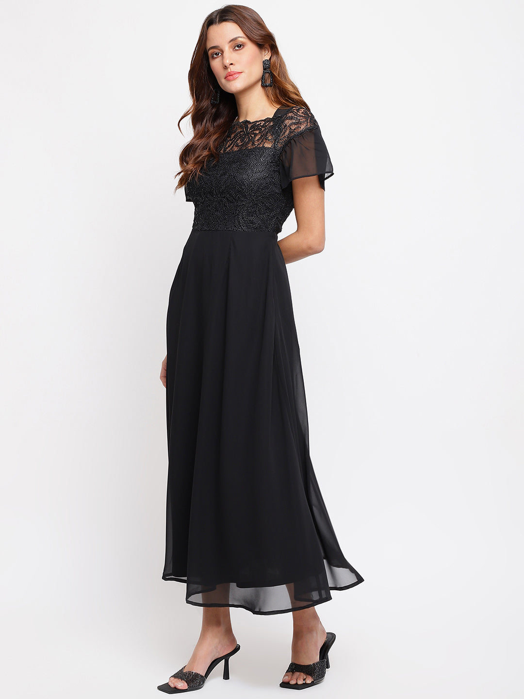 Black Cap Sleeve Embellished Maxi Dress