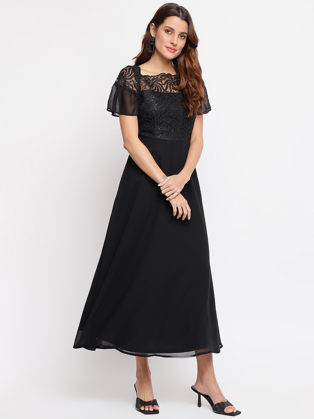 Black Cap Sleeve Embellished Maxi Dress