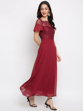 Maroon Cap Sleeve Maxi Dress With Laces