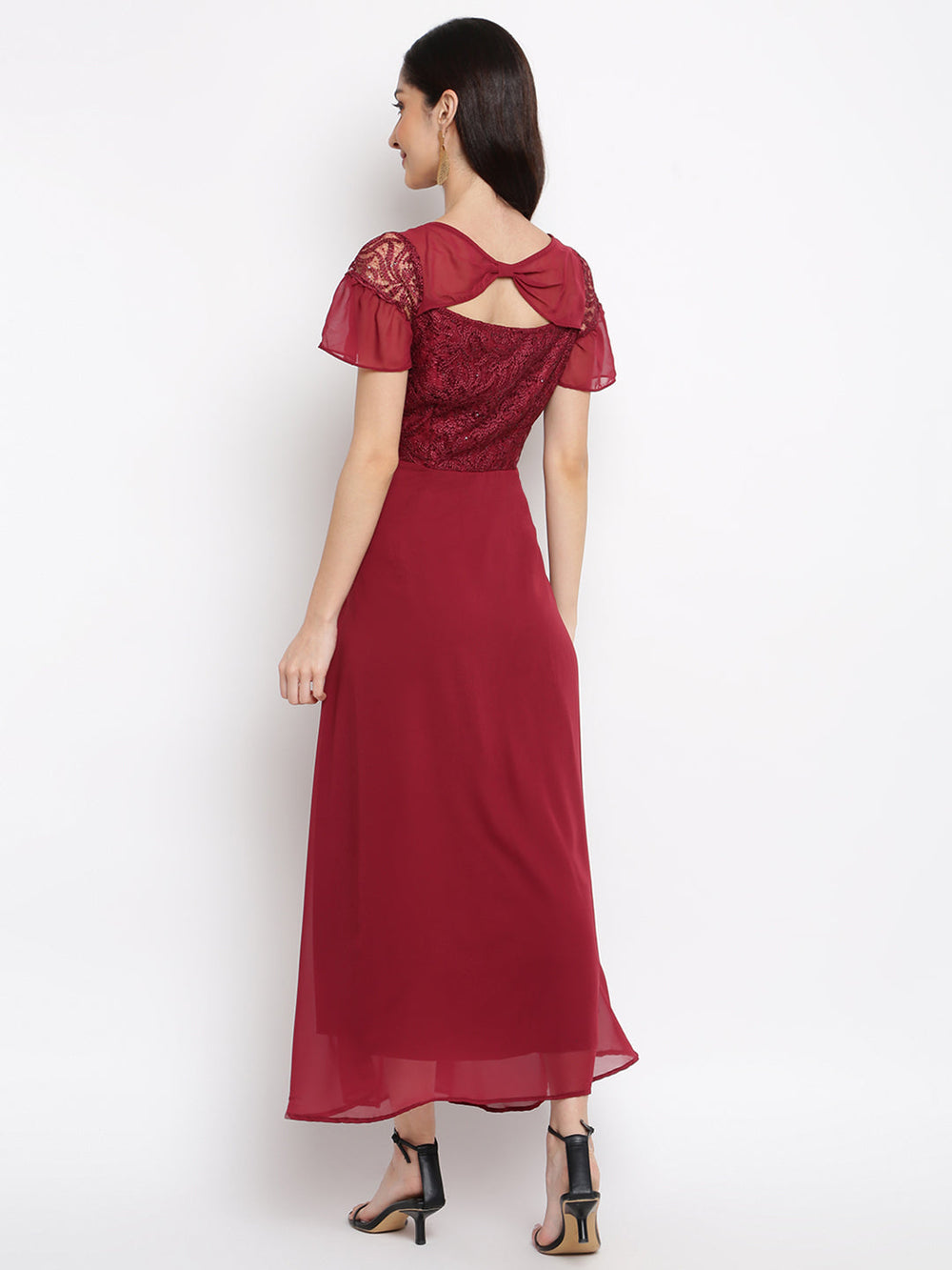 Maroon Cap Sleeve Maxi Dress With Laces