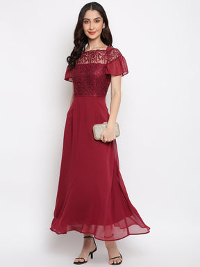 Maroon Cap Sleeve Maxi Dress With Laces