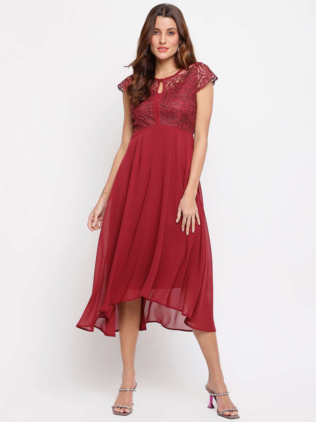 Maroon Cap Sleeve Maxi Dress With Lace
