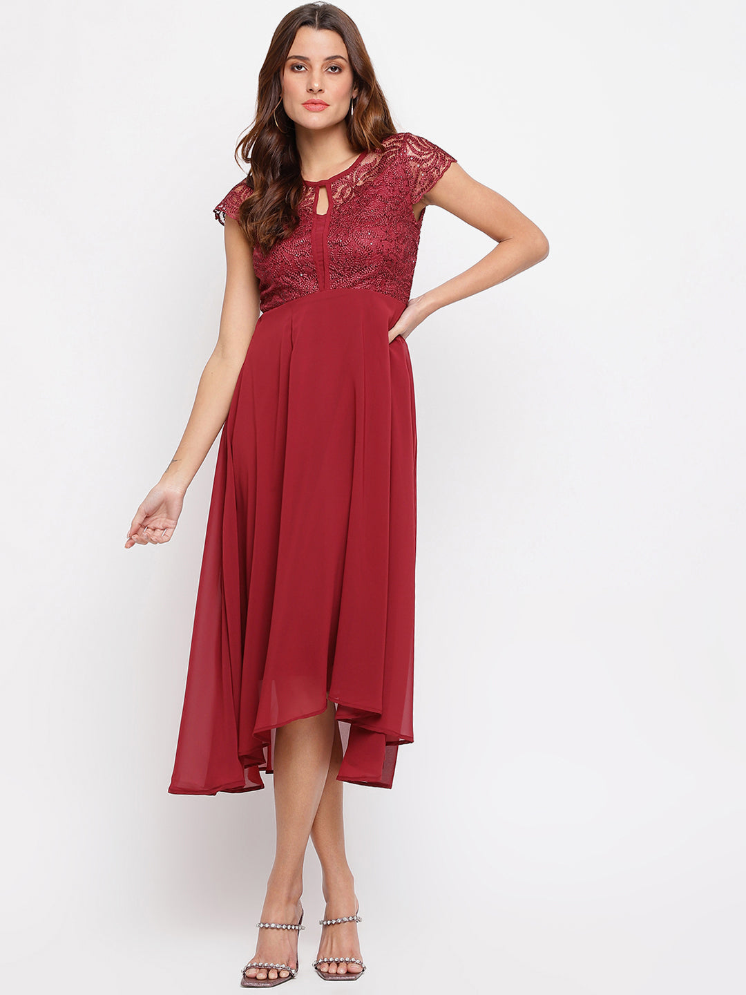 Maroon Cap Sleeve Maxi Dress With Lace