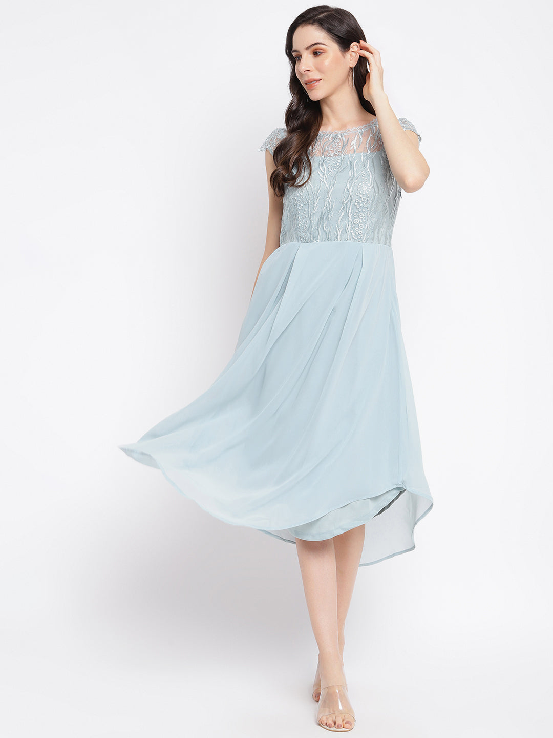Blue Cap Sleeve Maxi With Solid Dress