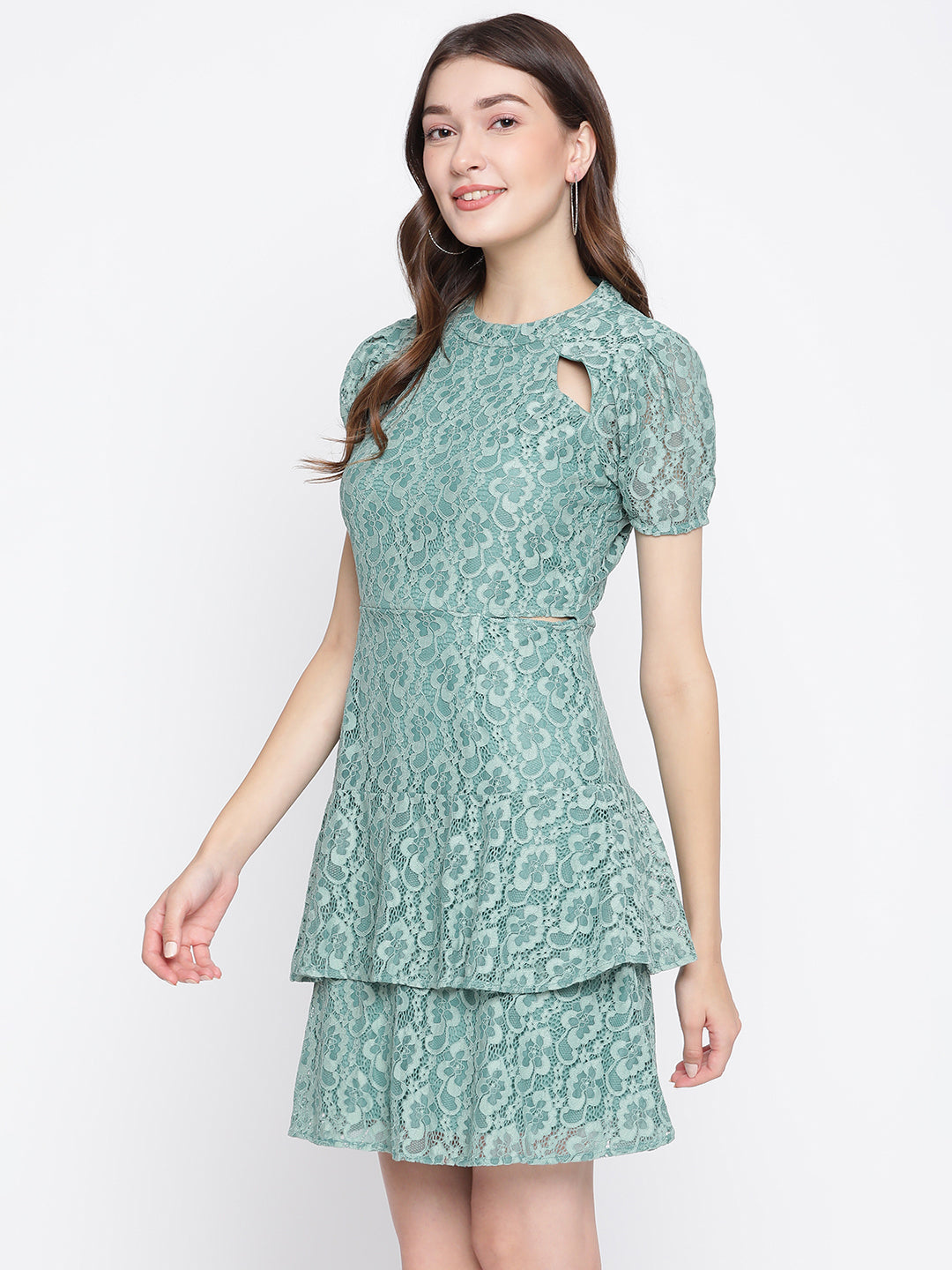 Green Short Sleeve A-Line Dress