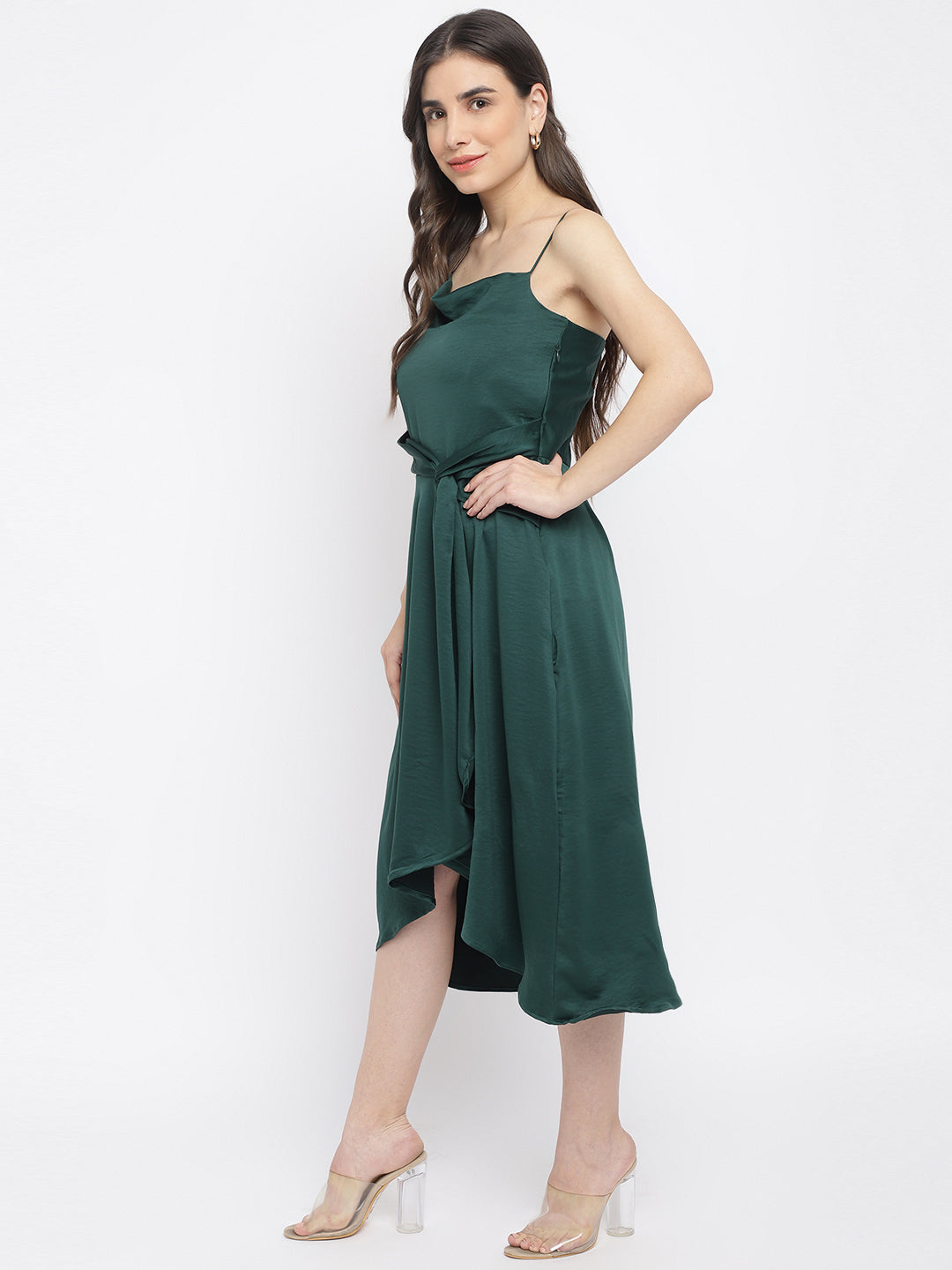Green Sleeveless Solid High Low Dress