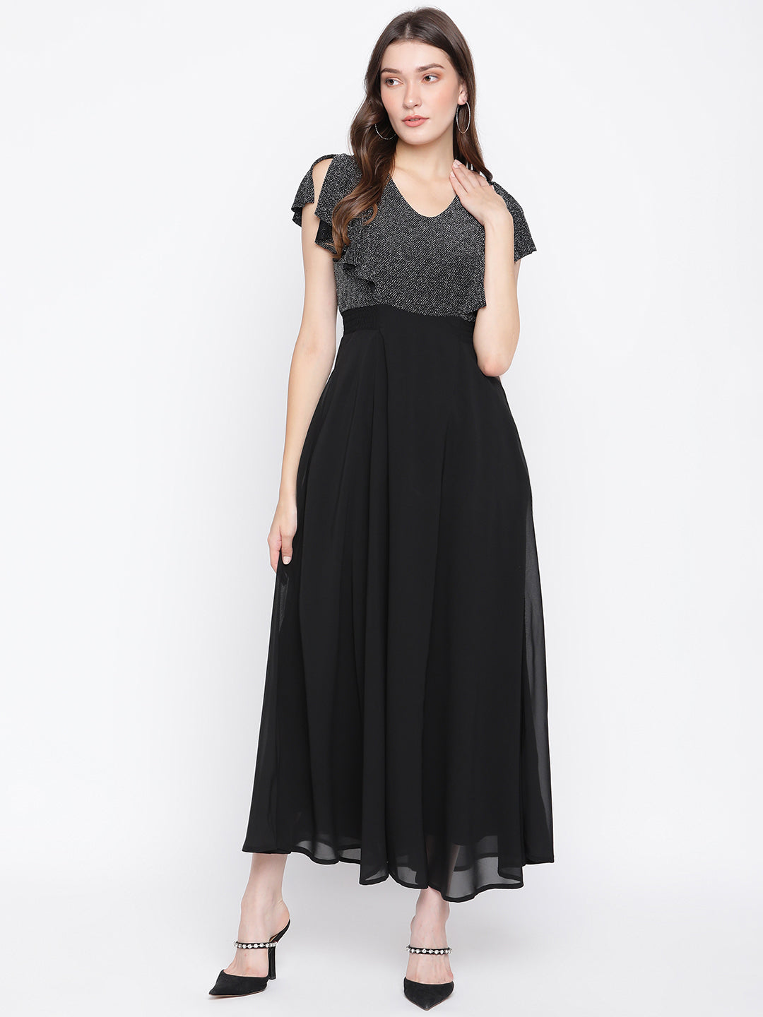 Black Cap Sleeves Maxi Solid Dress