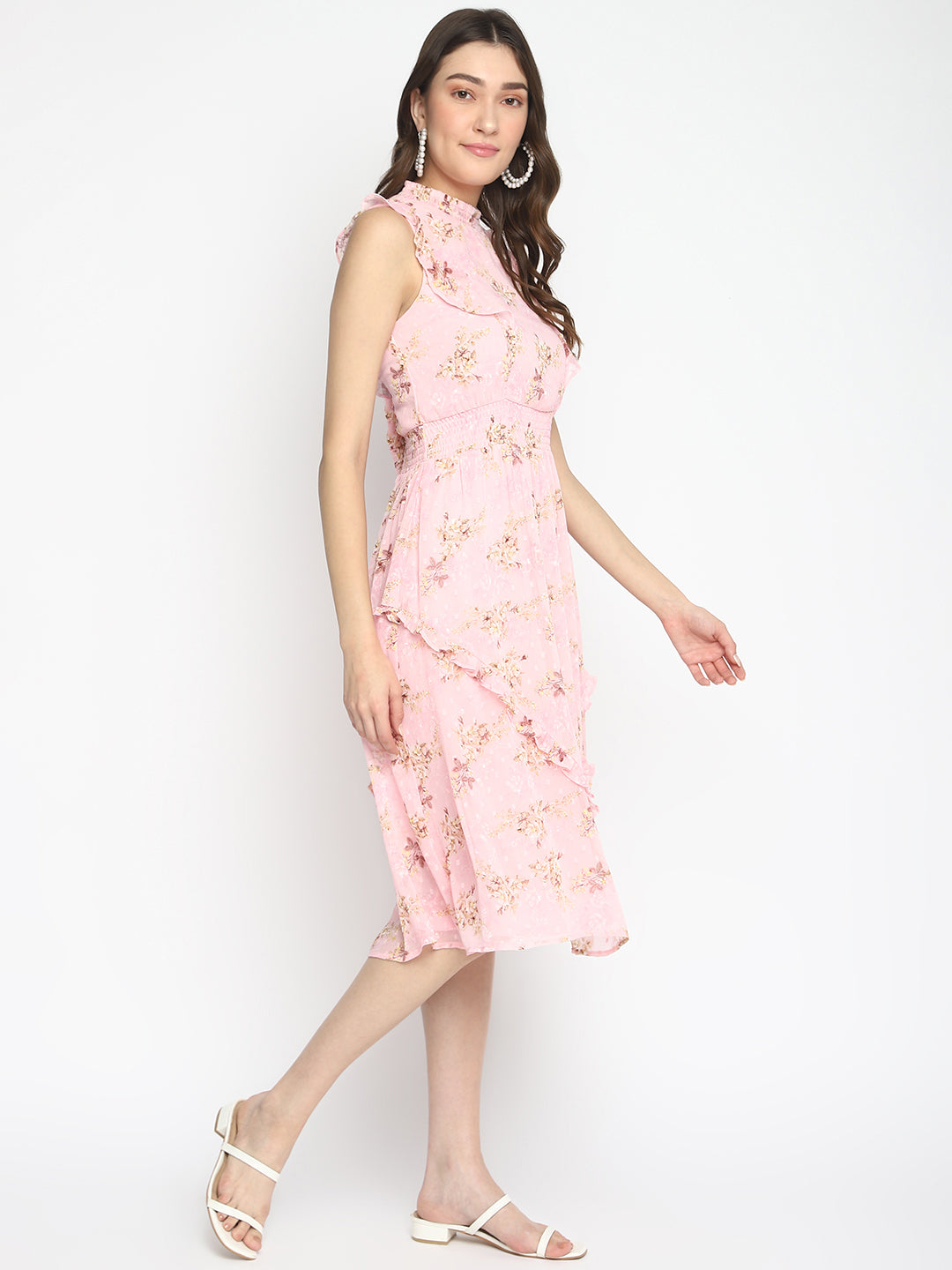 Pink Sleeveless Printed Maxi Dress With Ruffles