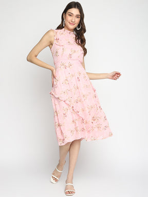 Pink Sleeveless Printed Maxi Dress With Ruffles