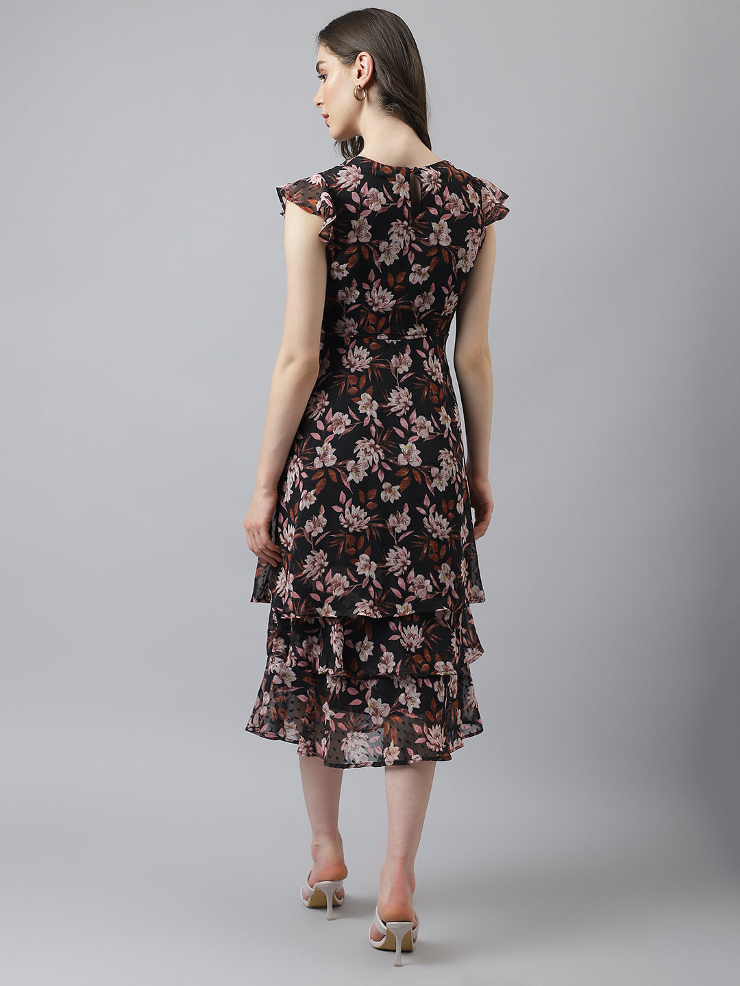 Black Flower Print A-Line Dress With Cap Sleeves