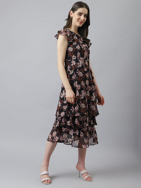 Black Flower Print A-Line Dress With Cap Sleeves