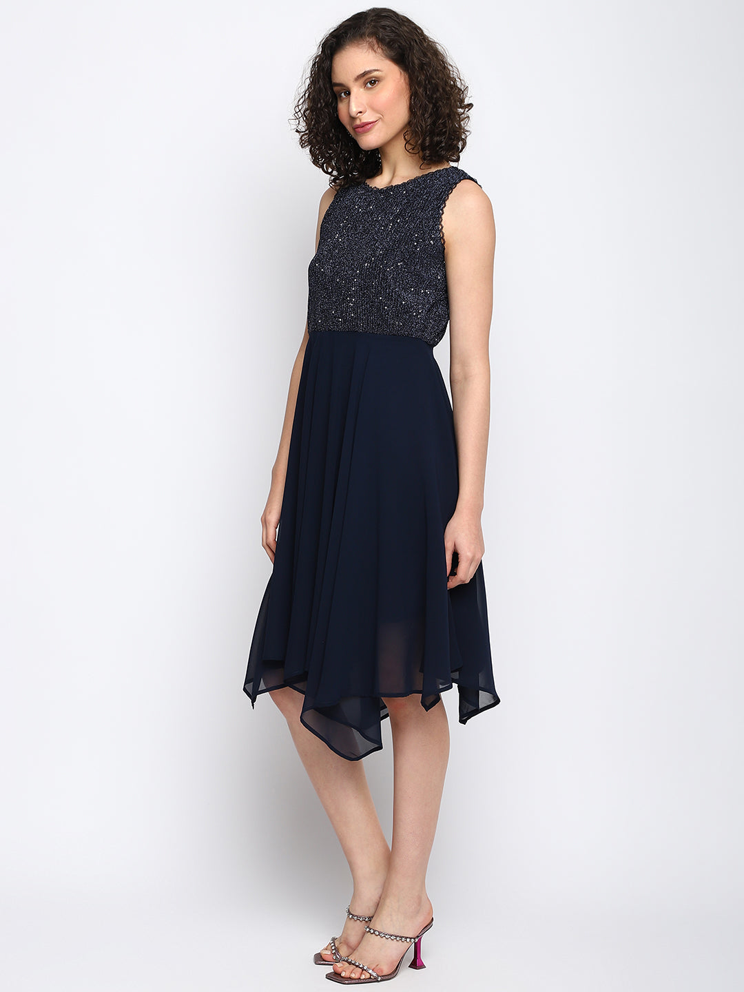 Blue No Sleeve Solid High Low Dress